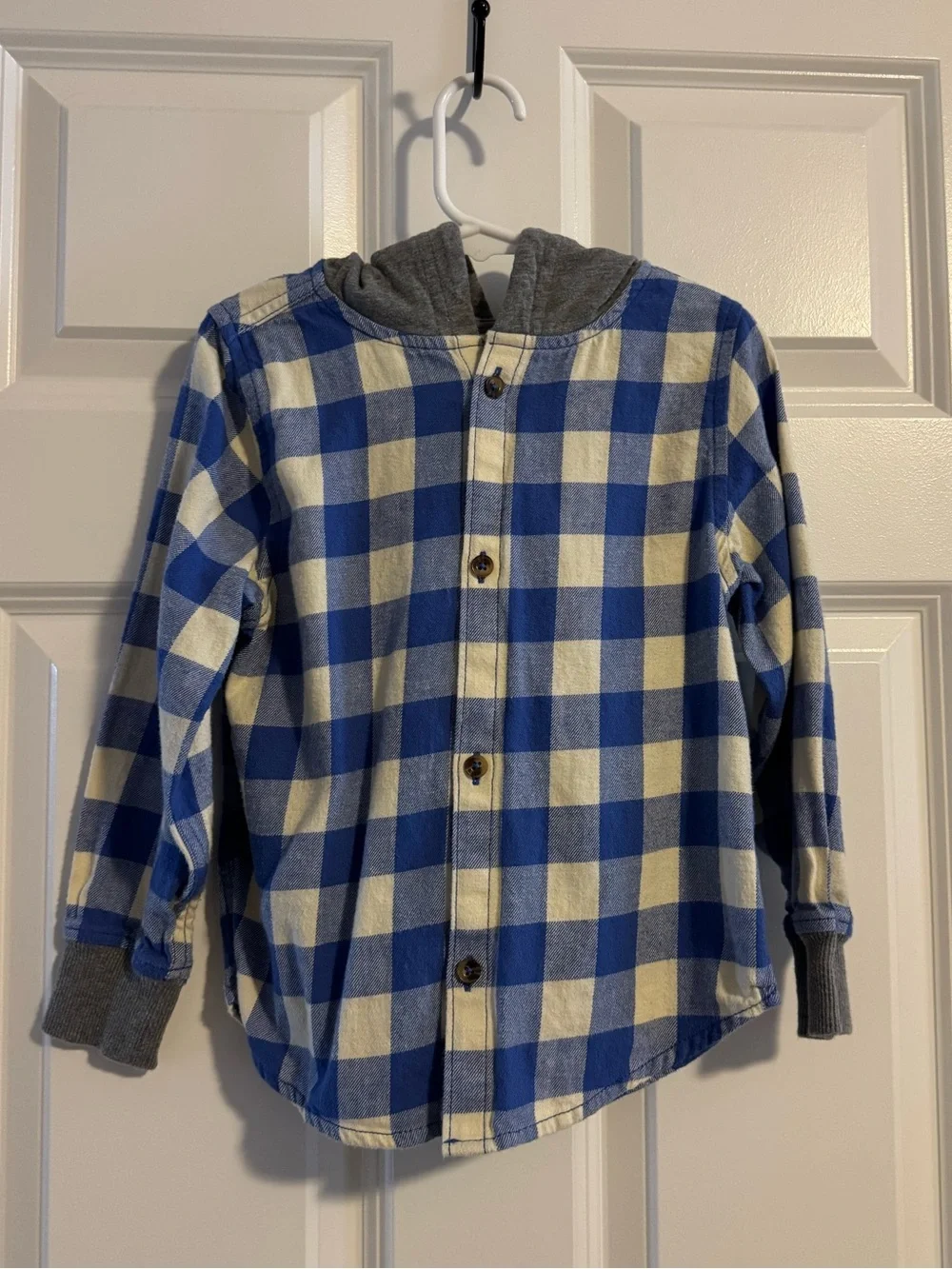Hanna Andersson Hooded Flannel Jacket, blue and white plaid, size 4